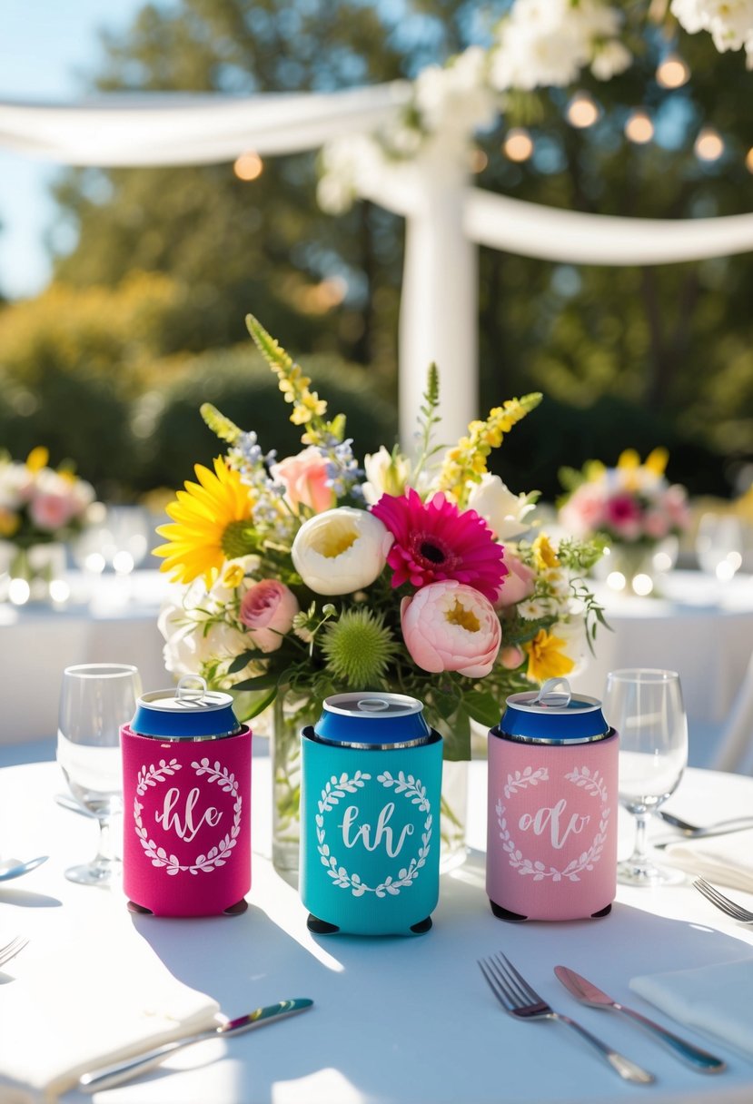 A sunny outdoor wedding with floral decorations, where personalized koozies are displayed on tables as spring wedding favors