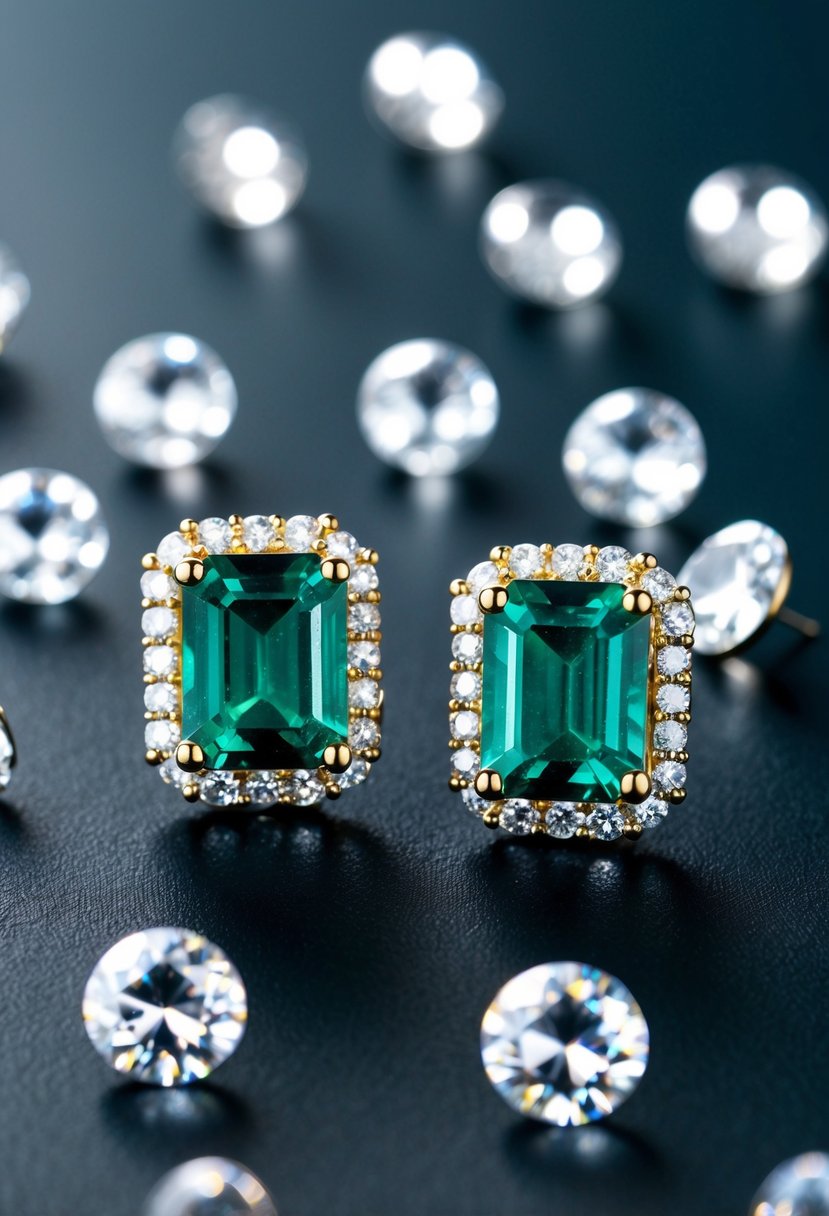 A pair of emerald earrings surrounded by sparkling clear CZ crystals