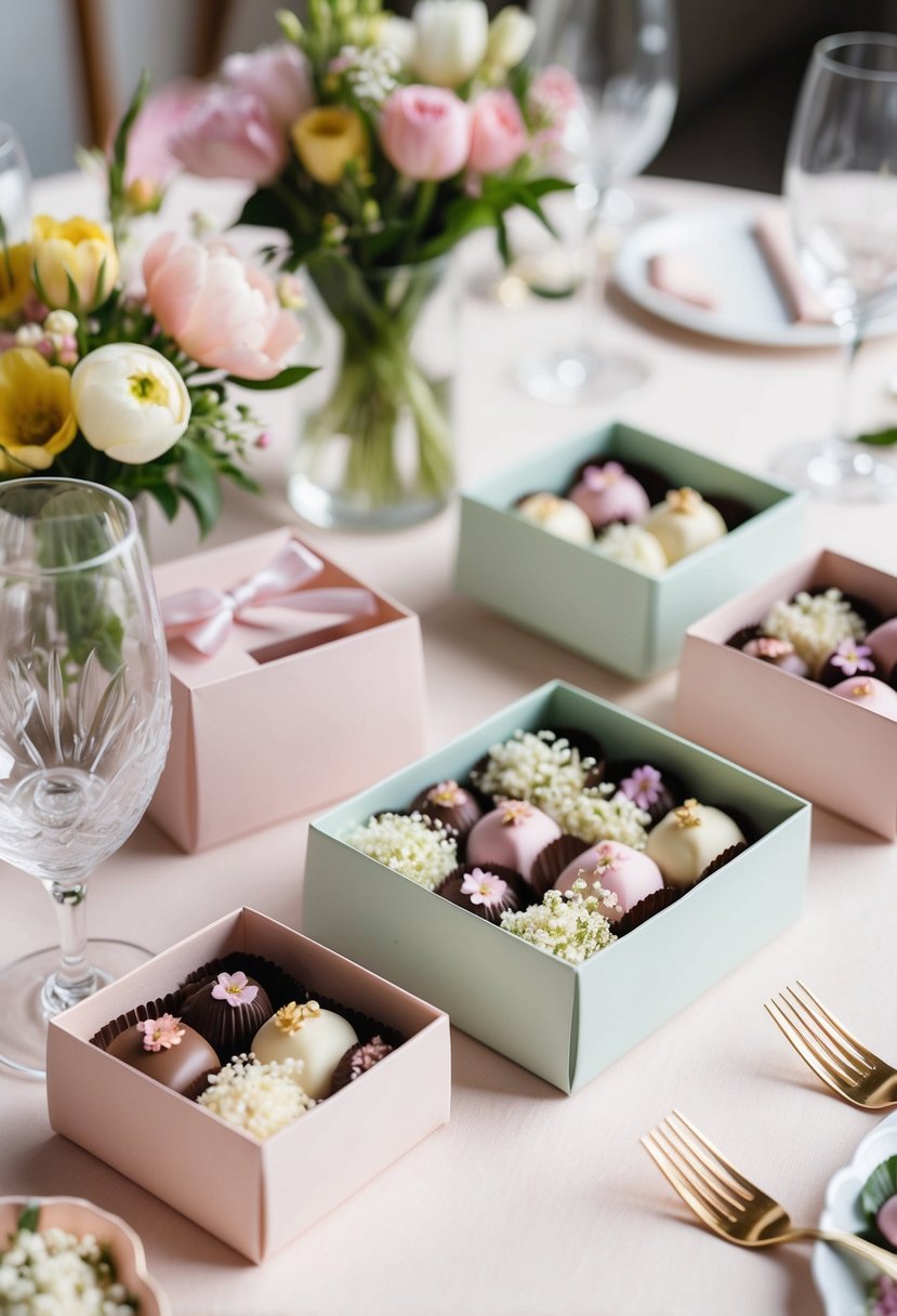 A table adorned with delicate floral chocolates in pastel hues, arranged in elegant packaging for spring wedding favors