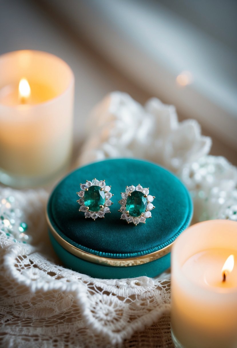 A sparkling pair of emerald and sapphire mix earrings resting on a velvet cushion, surrounded by delicate lace and shimmering in the soft candlelight