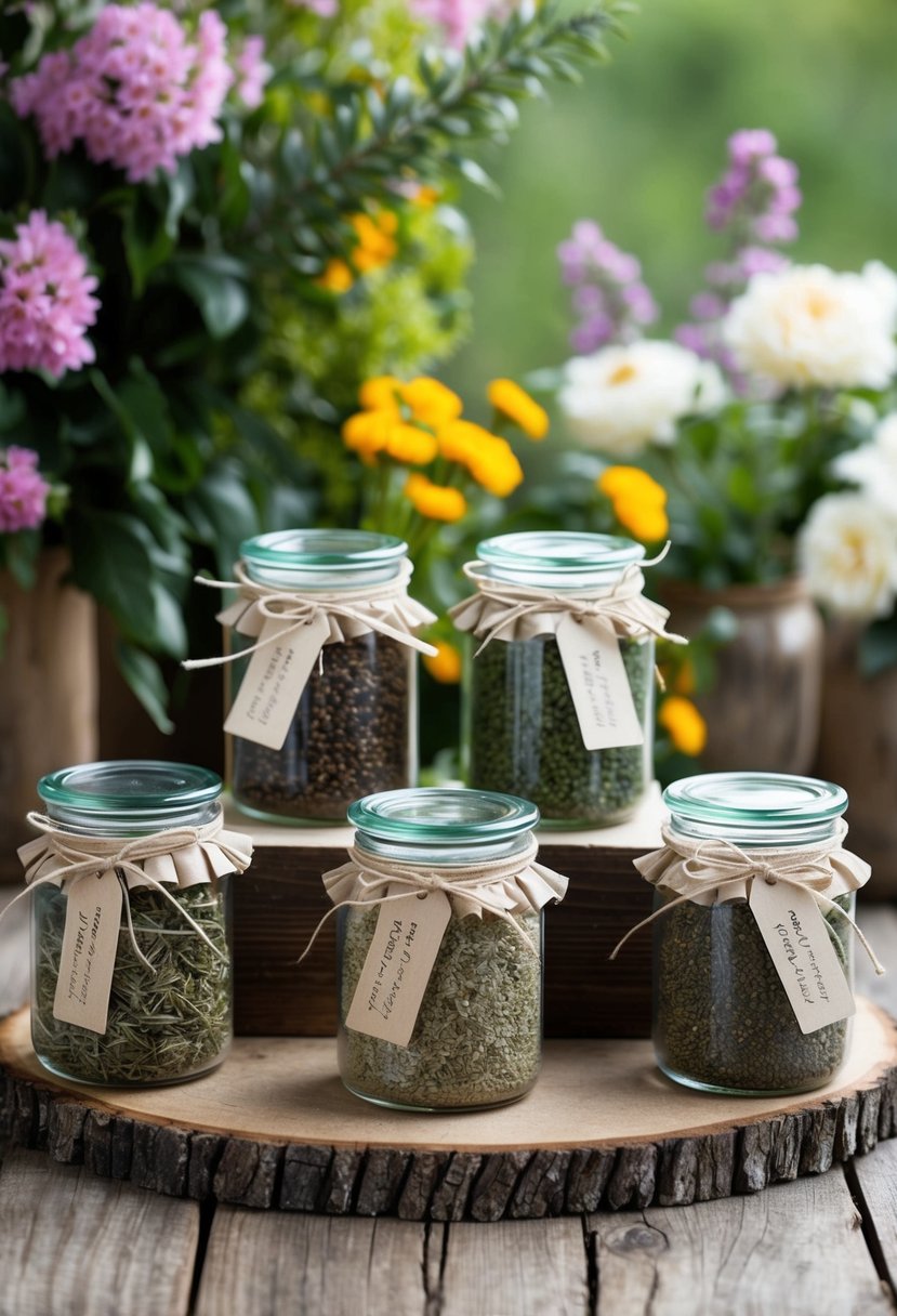 Jars of dried herbs arranged in a rustic display, adorned with ribbons and tags, set against a backdrop of blooming flowers and greenery