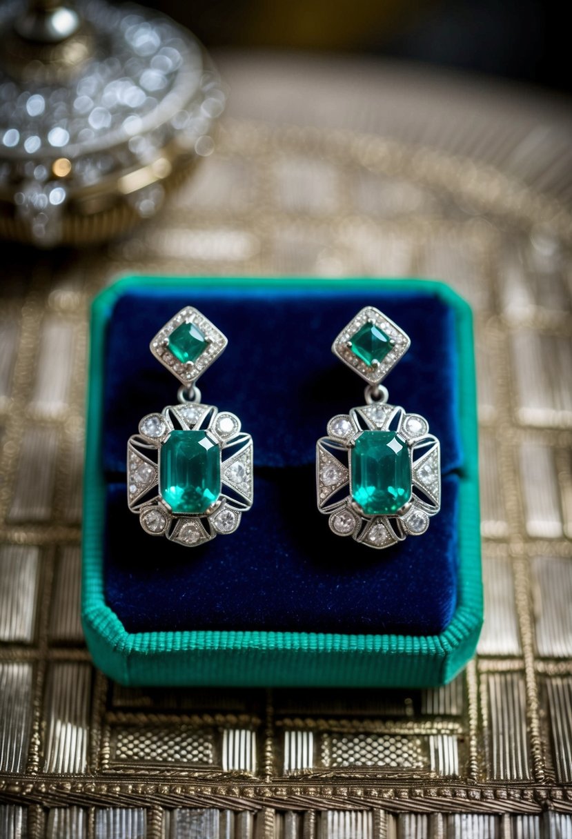 A pair of Art Deco emerald earrings displayed on a velvet cushion with intricate metalwork and sparkling gemstones