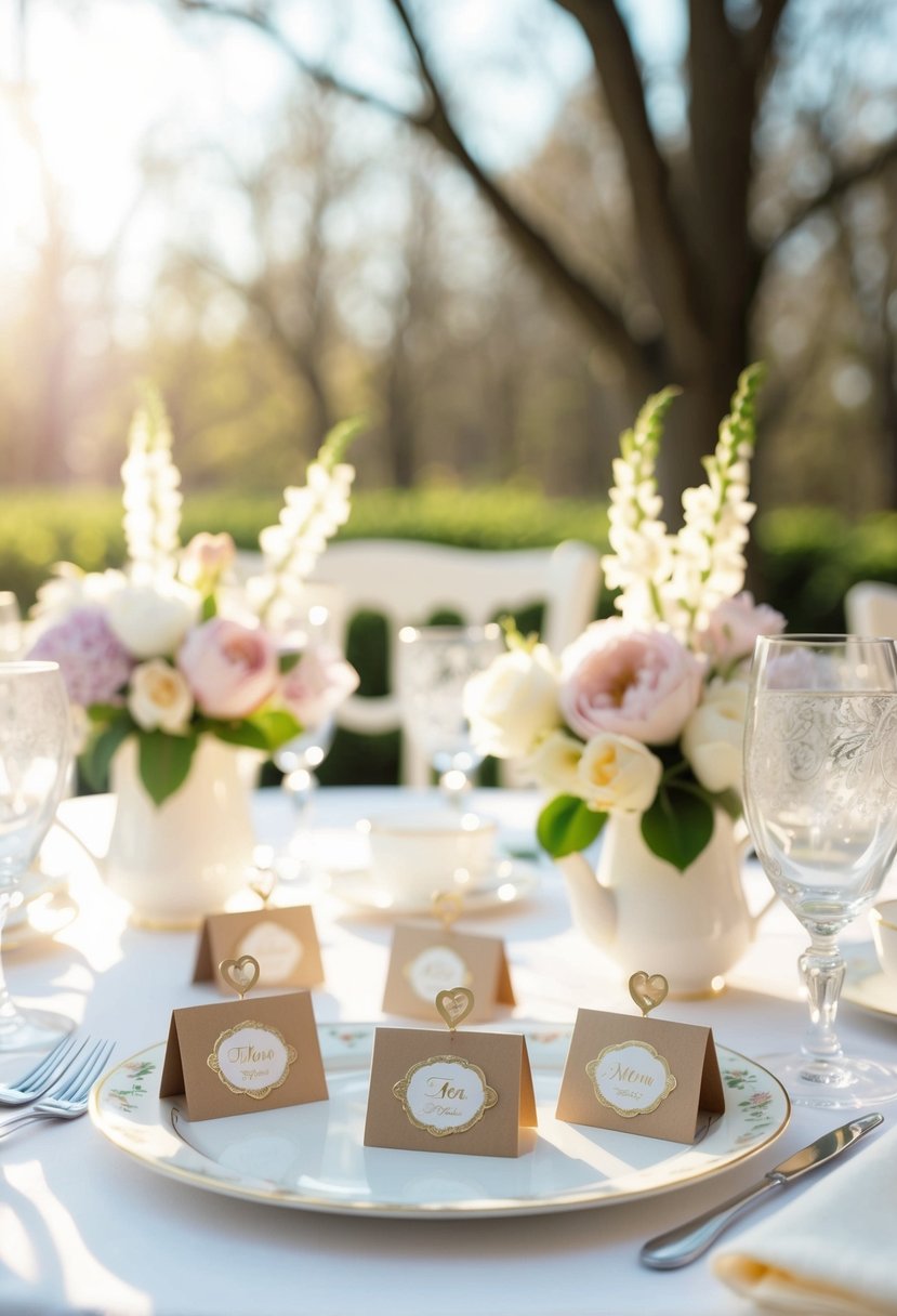 A table adorned with personalized tea favors, surrounded by delicate floral arrangements and soft spring sunlight