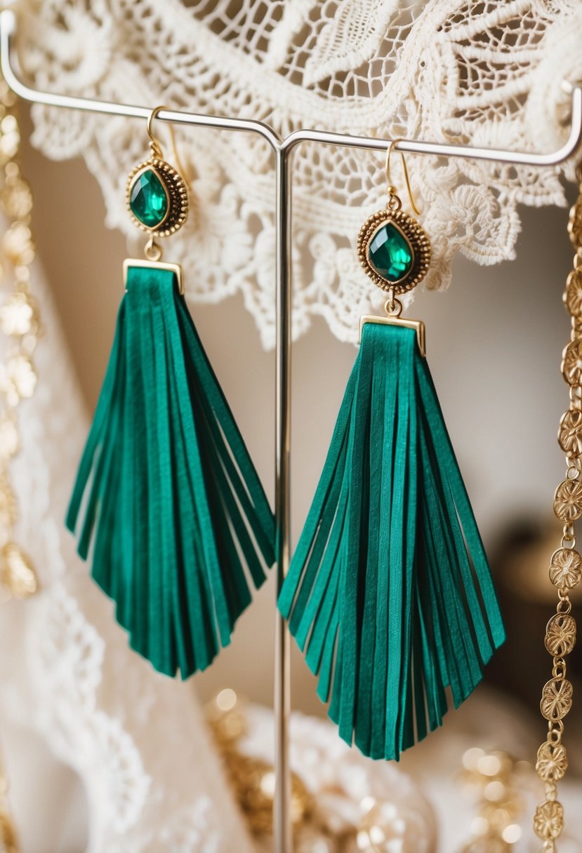 A close-up of bohemian emerald fringe earrings hanging from a display, surrounded by delicate lace and vintage fabric