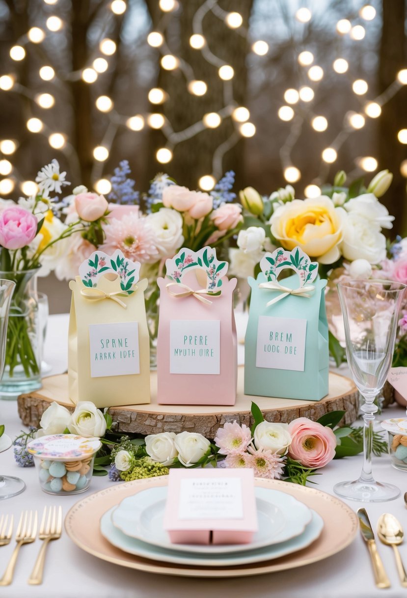 A table adorned with elegant spring-themed wedding favors, such as personalized to-go treats in pastel packaging, surrounded by delicate floral arrangements and twinkling fairy lights