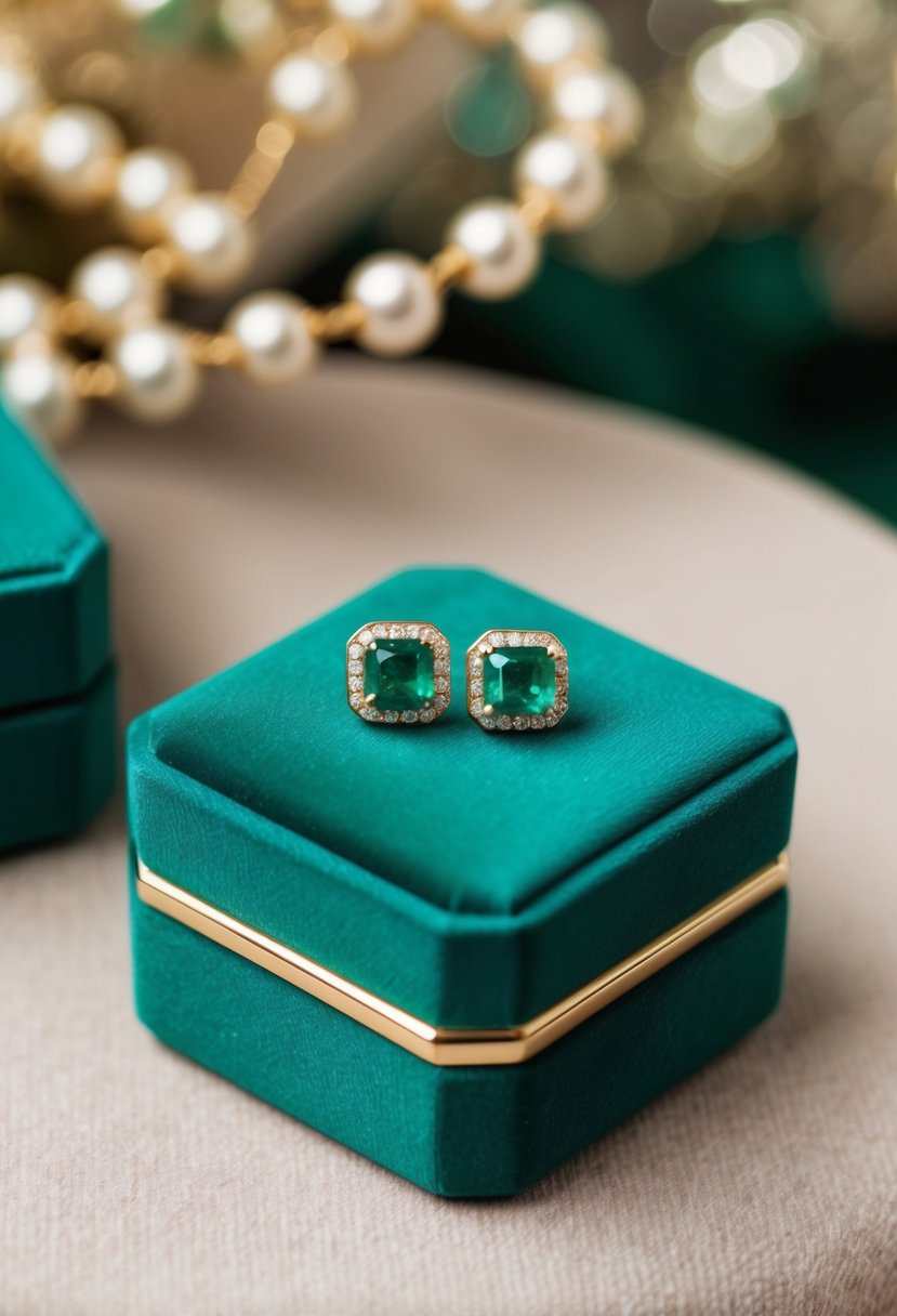 A close-up of vintage-inspired emerald studs on a velvet jewelry box with soft lighting