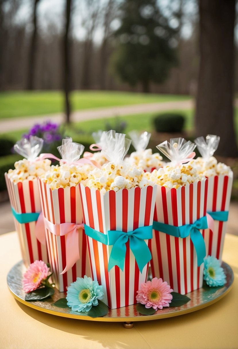 A table displaying custom-wrapped popcorn wedding favors, adorned with spring-themed ribbons and flowers