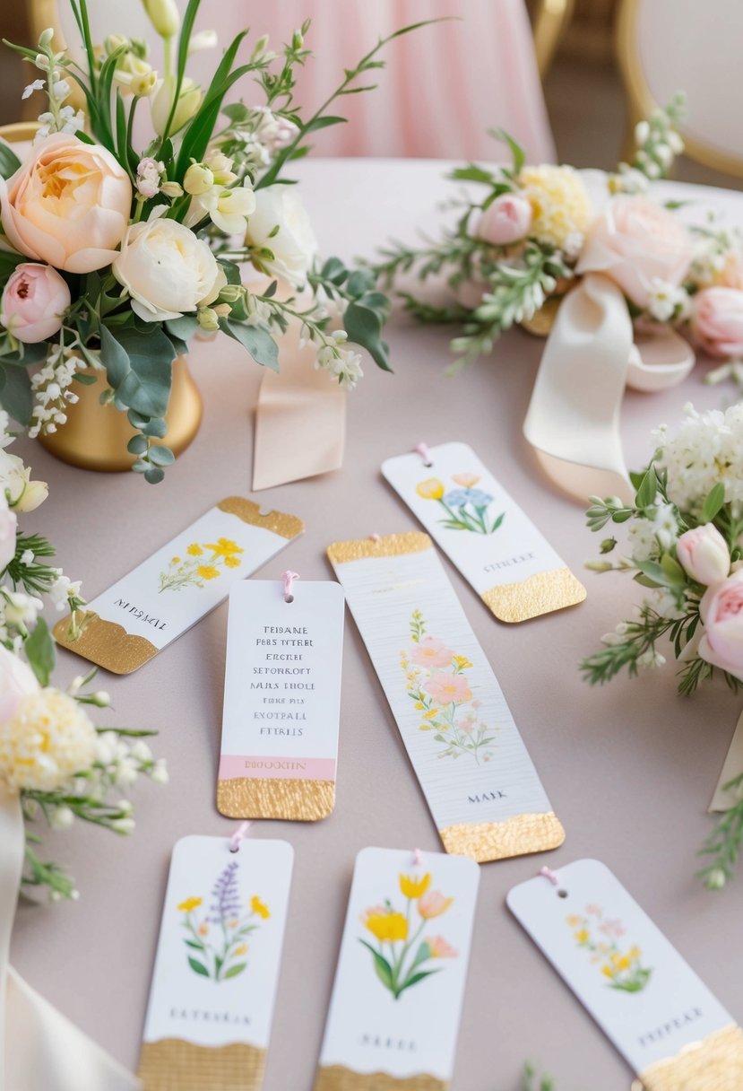 A table adorned with personalized bookmarks in spring-themed designs, surrounded by delicate floral arrangements and soft pastel-colored ribbons