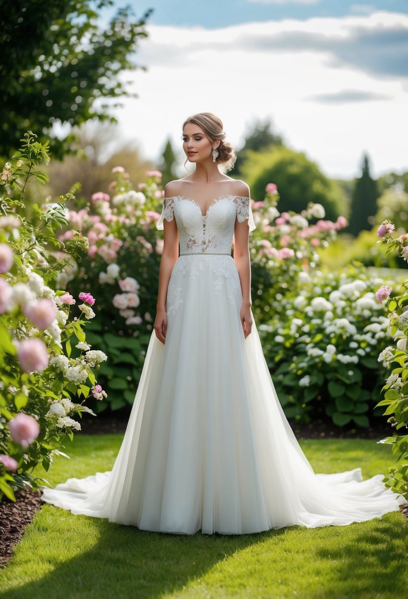 A bride stands in a garden, wearing an off-the-shoulder wedding dress with delicate lace details, surrounded by blooming flowers and lush greenery