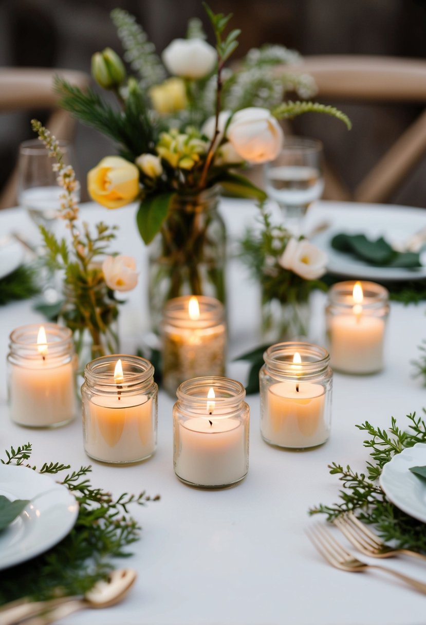 A table adorned with small candles in glass jars, surrounded by delicate spring flowers and greenery, set as wedding favors