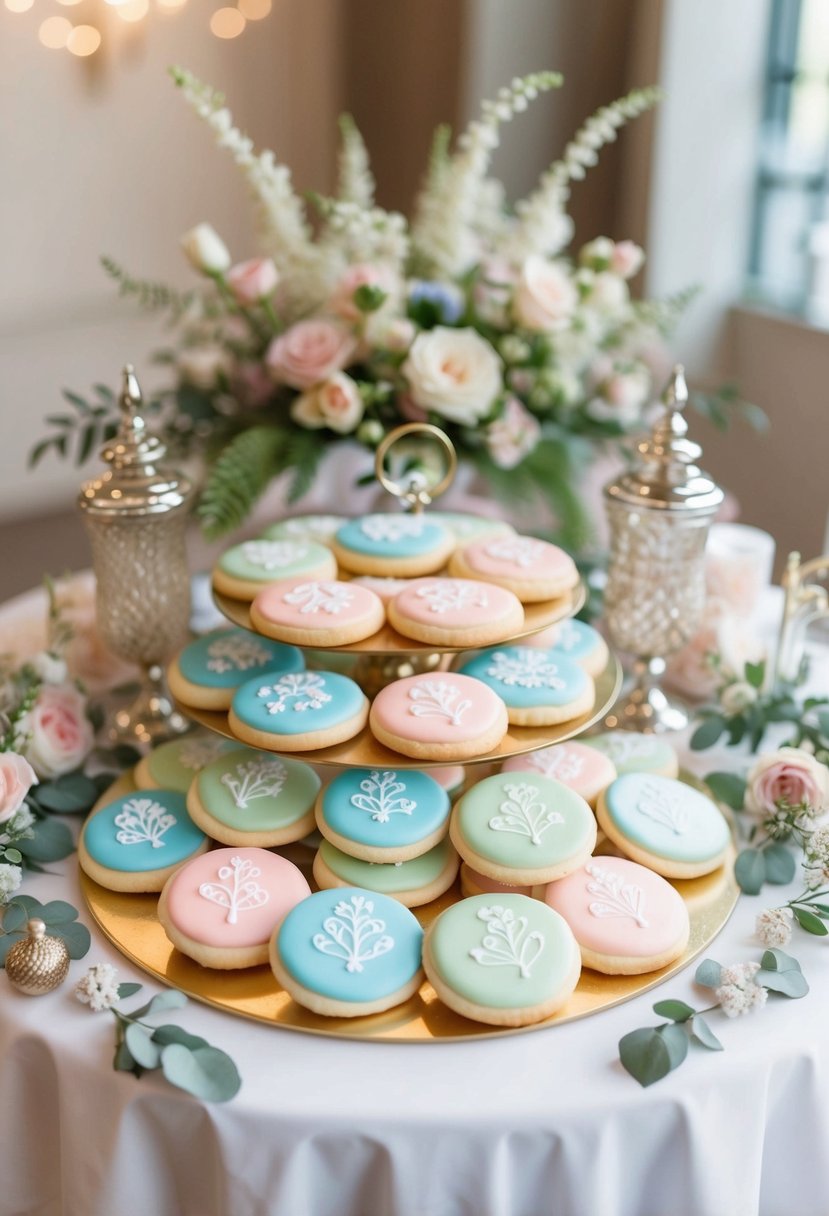 A table adorned with pastel-colored printed cookies arranged in a decorative display, surrounded by delicate floral accents and wedding-themed ornaments