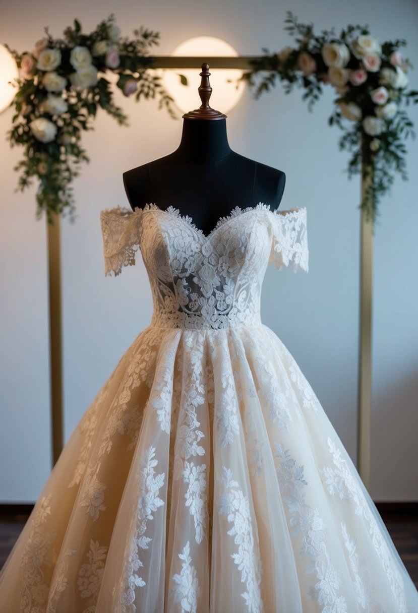 A lace off-shoulder ball gown hanging on a mannequin, surrounded by soft lighting and delicate floral accents