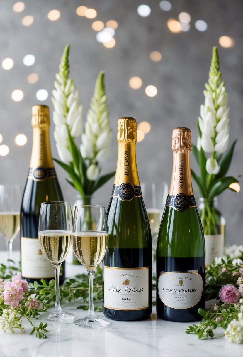 A table adorned with elegant wine and champagne bottles, surrounded by delicate spring flowers and greenery