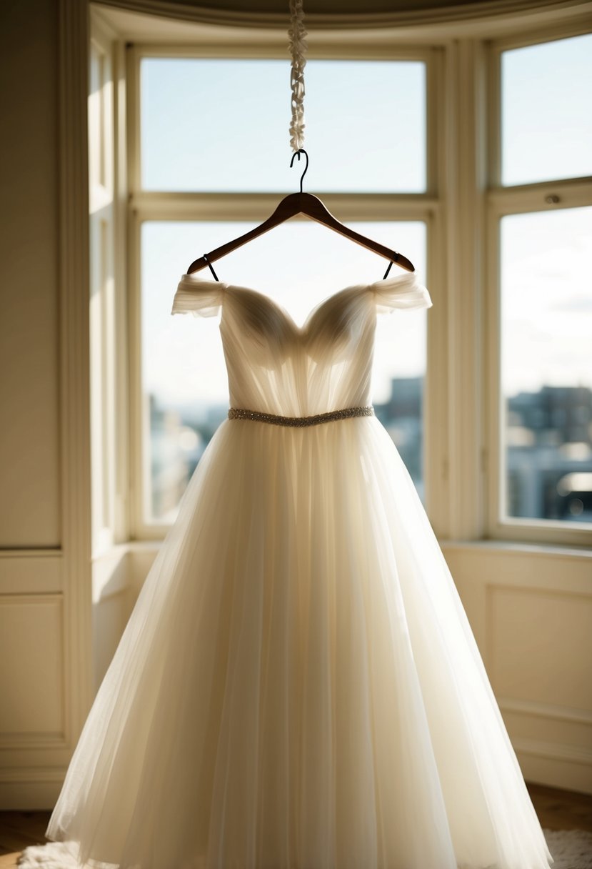 An off-shoulder A-line wedding dress made of tulle hangs on a vintage wooden hanger in a sunlit room