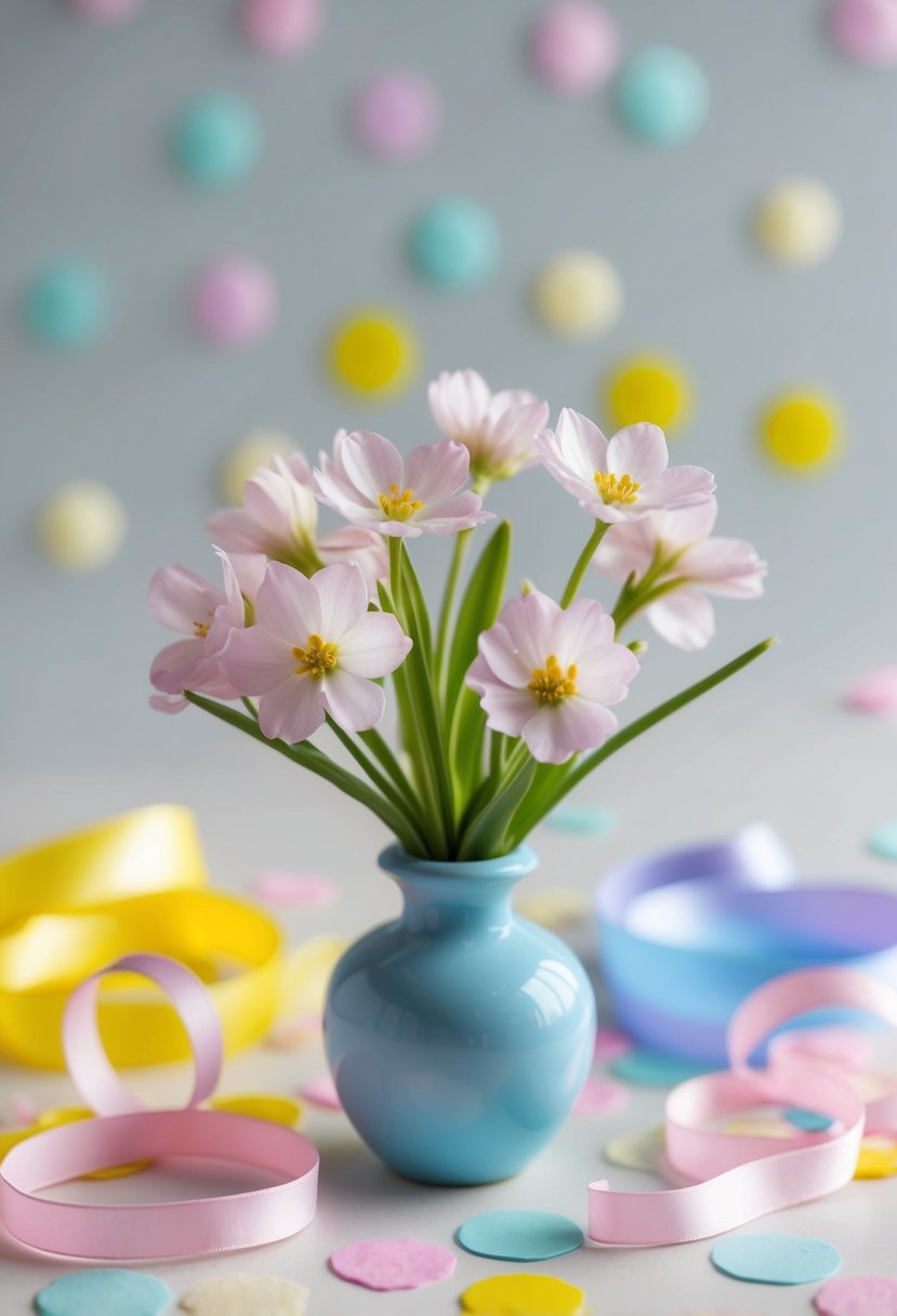 A small bud vase with delicate spring flowers sits on a table, surrounded by pastel-colored confetti and ribbons