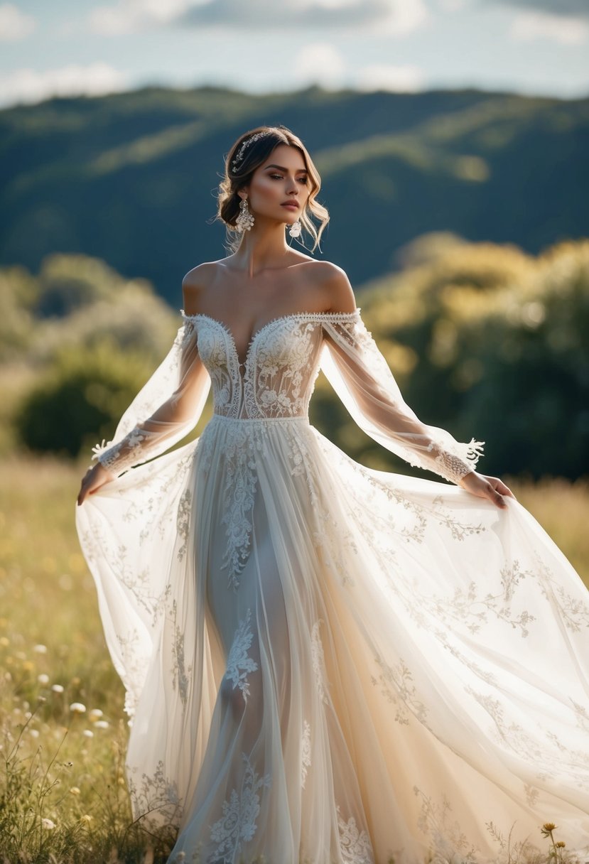 A flowing, off-shoulder bridal gown in a bohemian style, adorned with delicate lace and intricate embroidery, set against a dreamy, outdoor backdrop