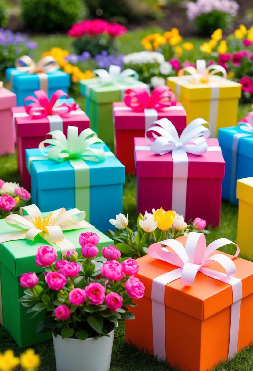 Colorful gift boxes adorned with blooming flowers, arranged in a spring garden setting