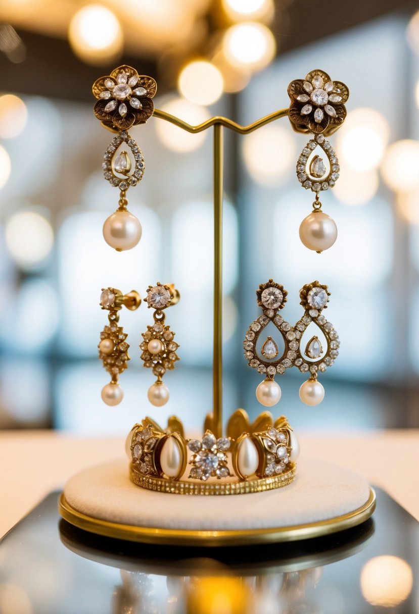 A vintage 60s-style wedding earring display with pearls, diamonds, and intricate designs