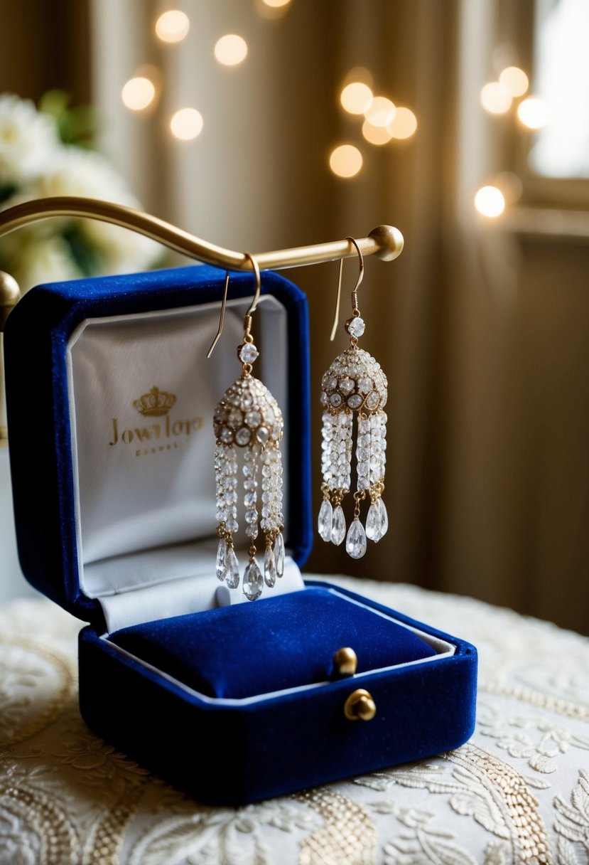 A pair of chandelier earrings dangle from a velvet jewelry box, catching the light in a vintage-inspired bridal suite