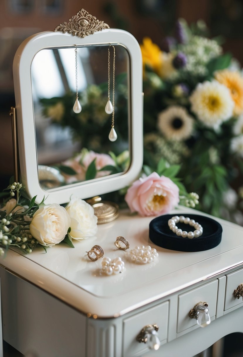 A vintage vanity table adorned with delicate pearl dewdrop earrings, surrounded by floral 60s wedding inspiration