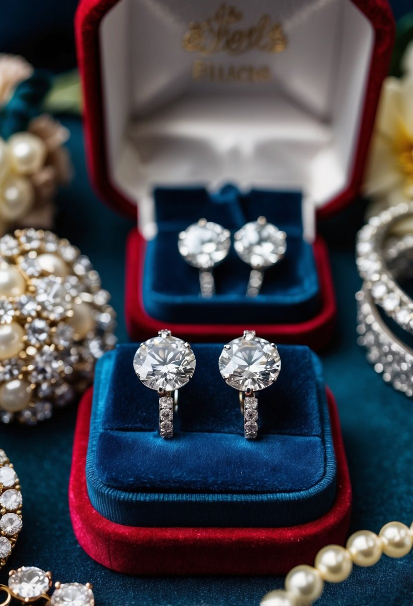 Sparkling diamond studs on a velvet display, surrounded by vintage 60s wedding accessories