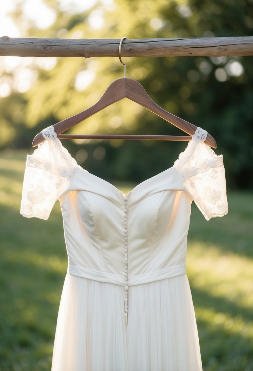 A vintage off-shoulder wedding dress with delicate lace sleeves hangs on a rustic wooden hanger, surrounded by soft natural light