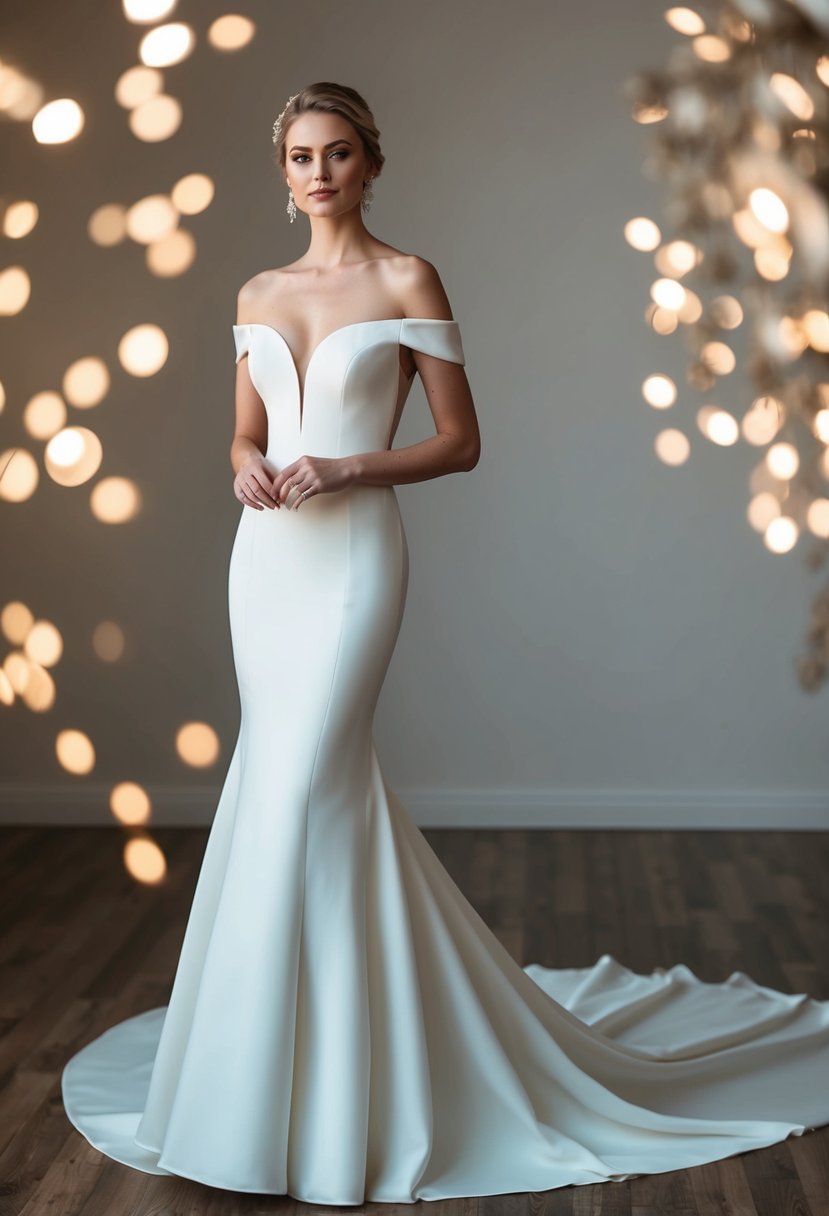 A bride standing in a modern off-shoulder mermaid silhouette wedding dress, with a flowing train and elegant details