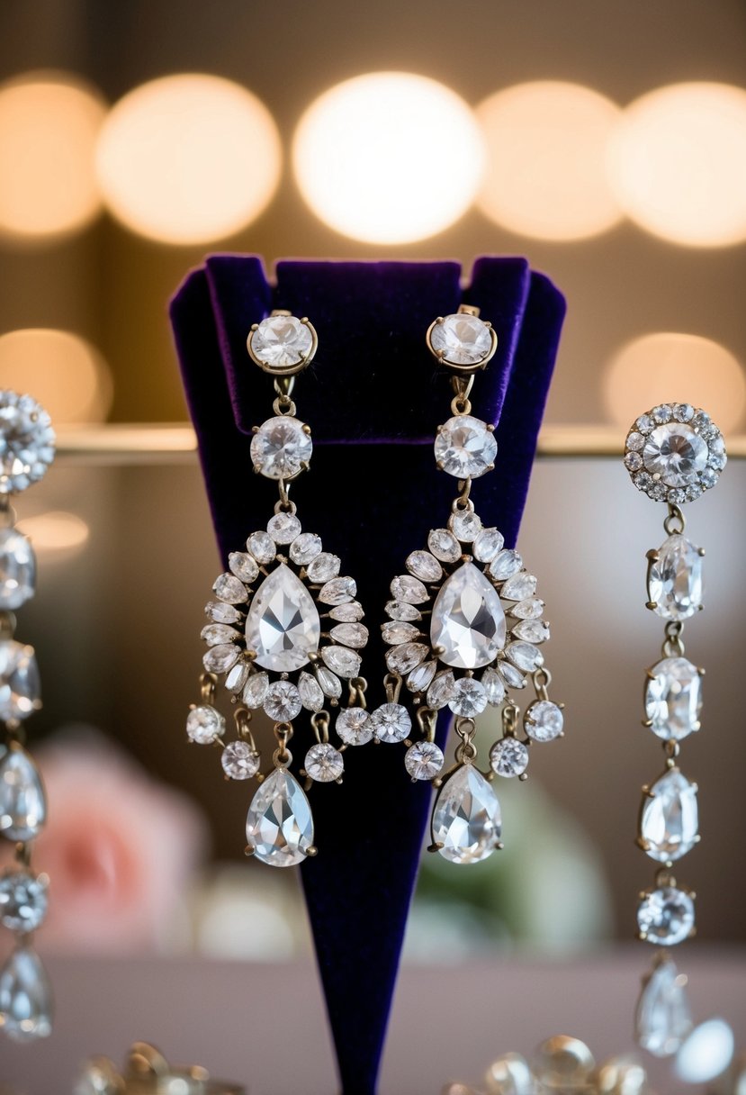 A close-up of vintage-inspired rhinestone danglers on a velvet jewelry display, with soft lighting to evoke a 60s wedding ambiance