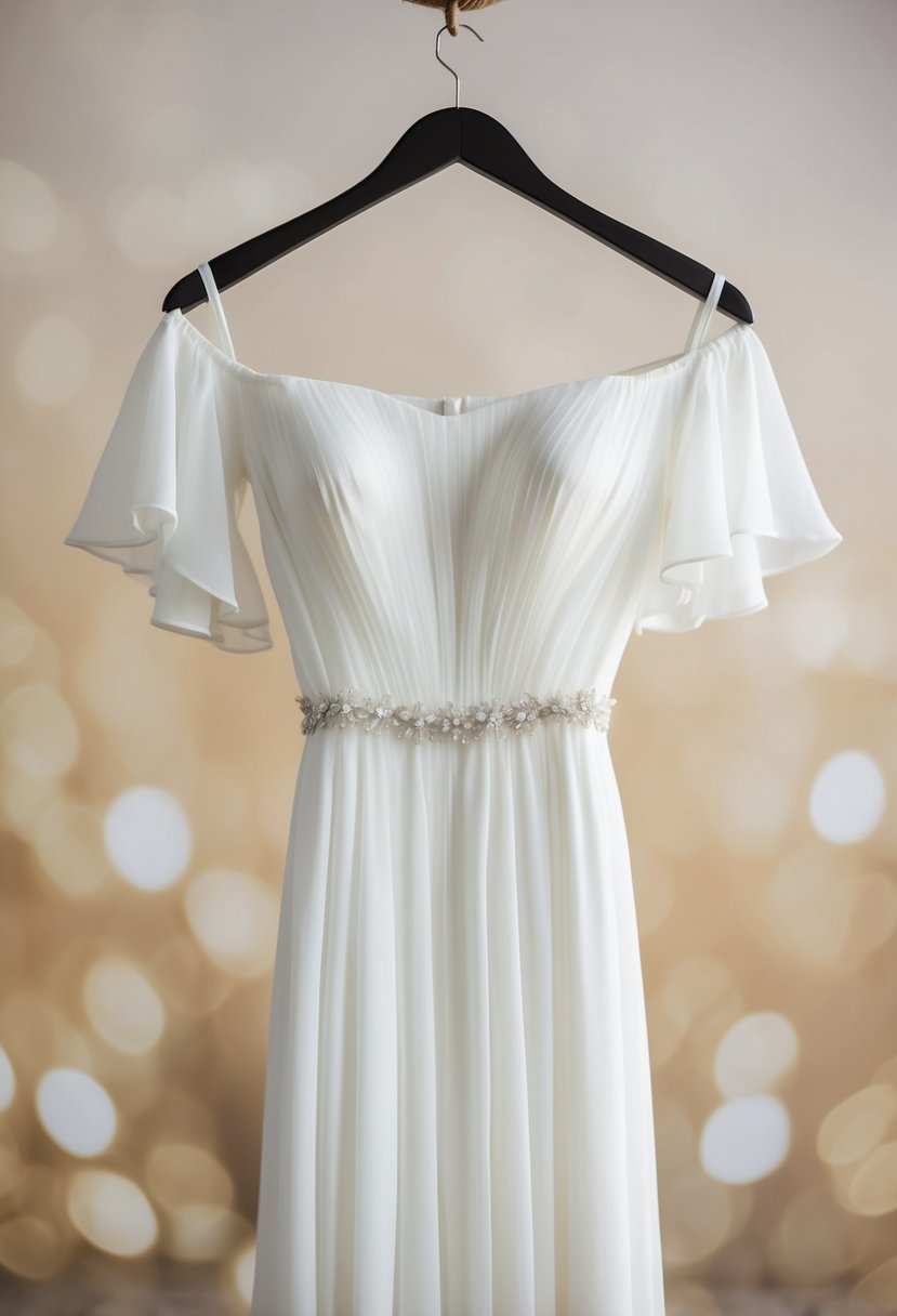 A chiffon off-shoulder wedding dress with flutter sleeves, draped on a hanger against a soft, dreamy background