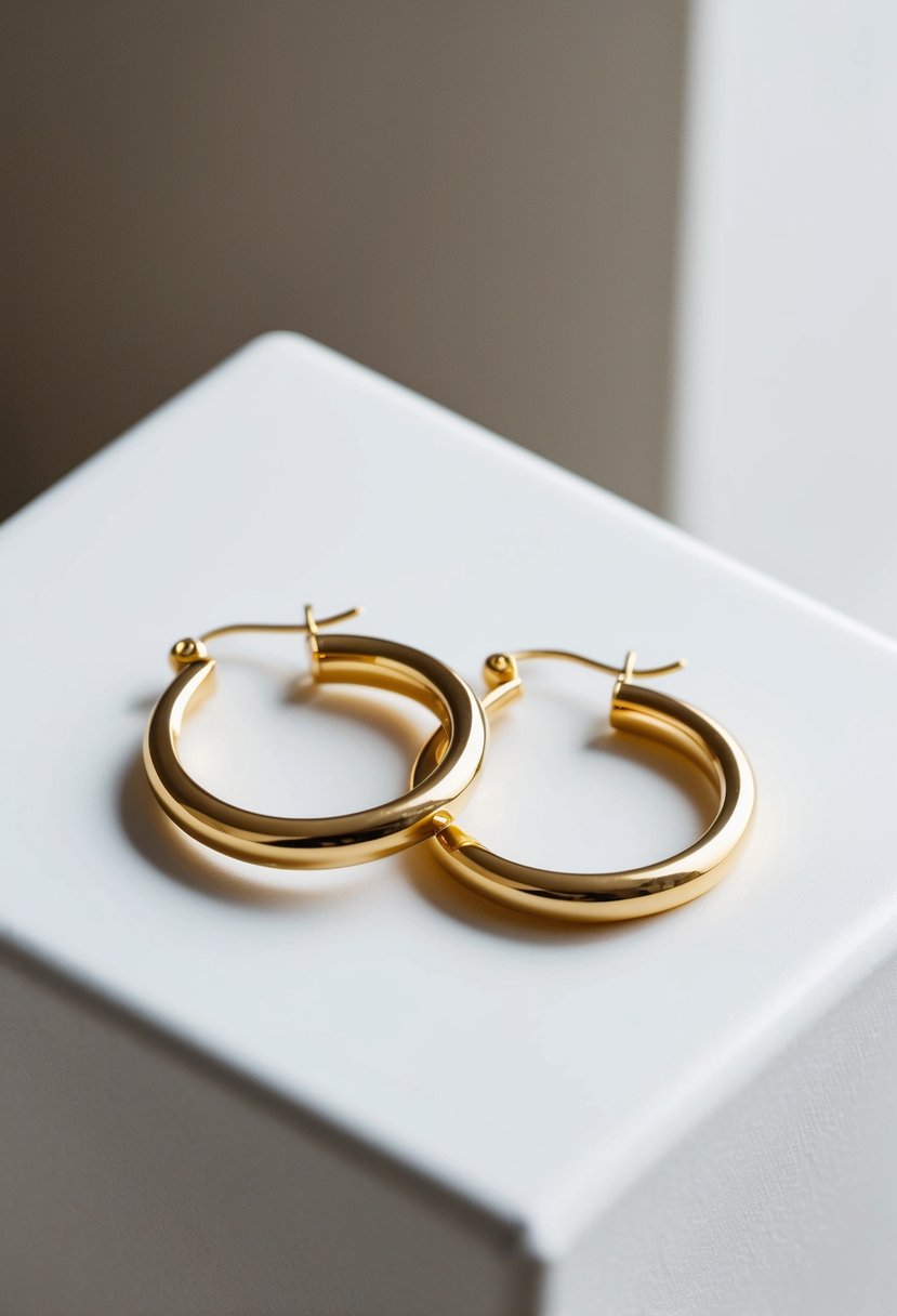 A pair of minimalist yellow gold hoop earrings displayed on a clean, white surface with soft lighting