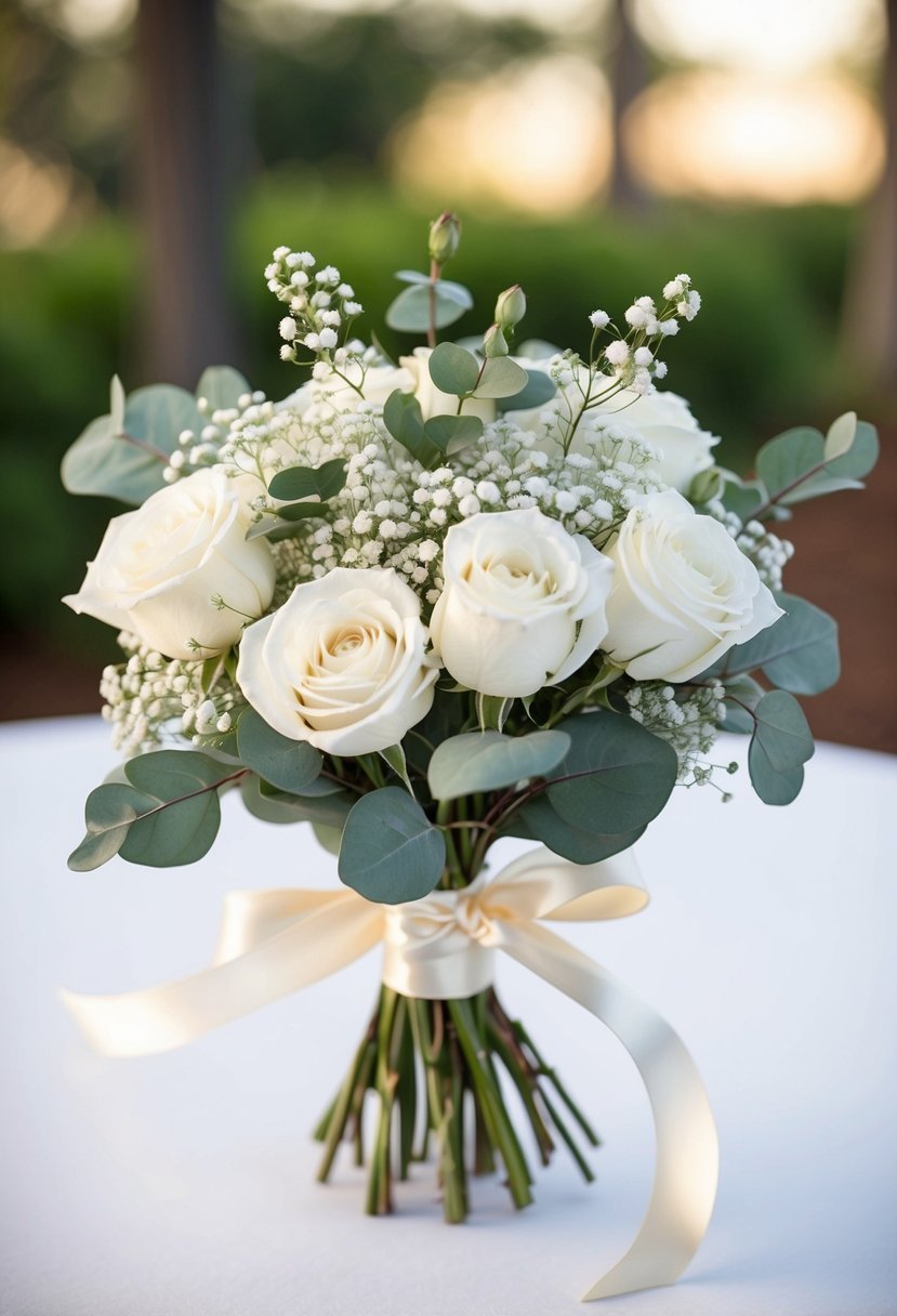 A small bouquet of white roses, baby's breath, and eucalyptus tied with a satin ribbon