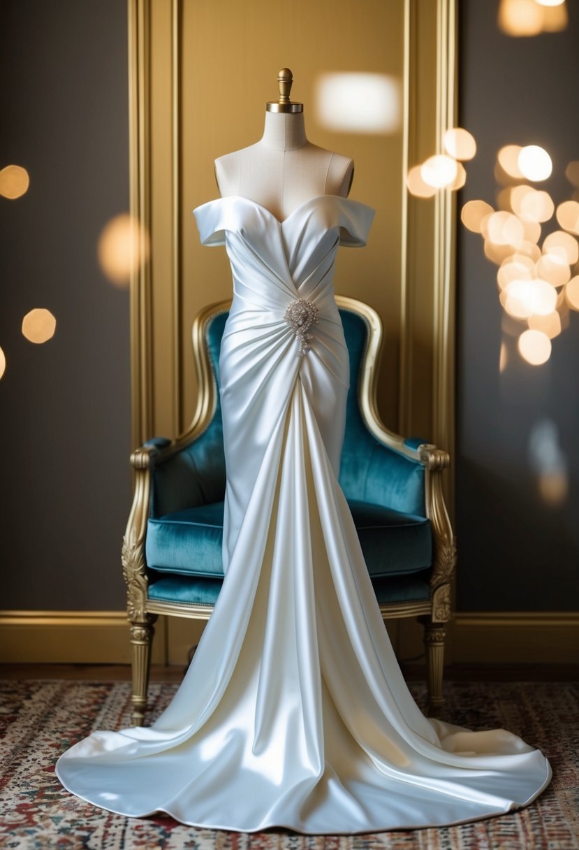 An elegant off-shoulder satin gown draped over a luxurious chair