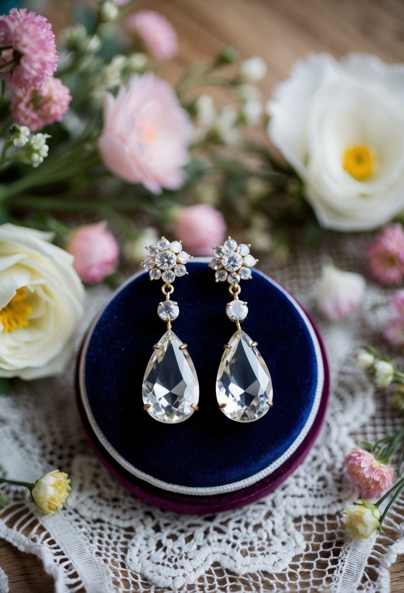 A pair of vintage crystal drop earrings displayed on a velvet cushion, surrounded by delicate lace and floral details, evoking a 1960s wedding aesthetic