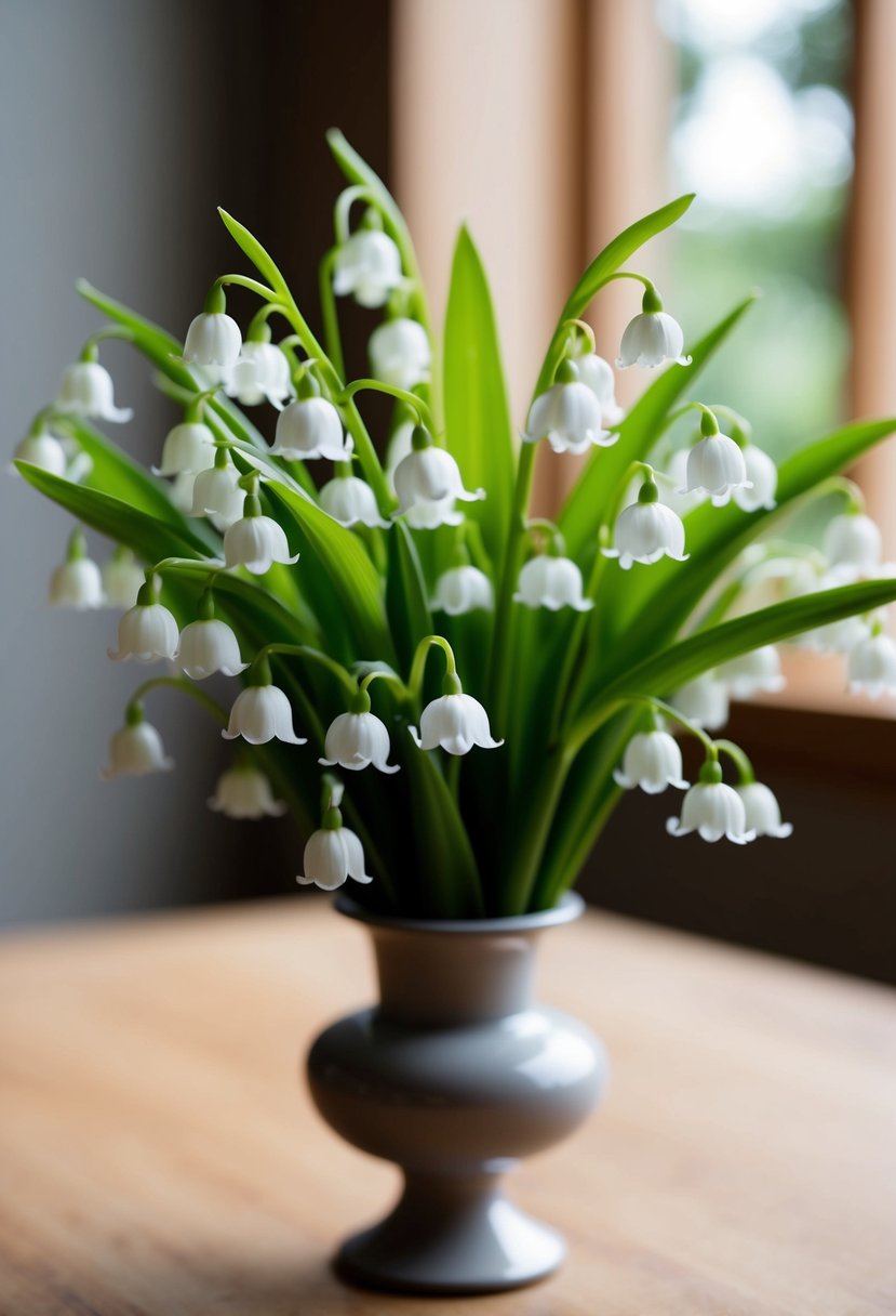 A delicate bouquet of lily of the valley nestled in a simple, elegant vase