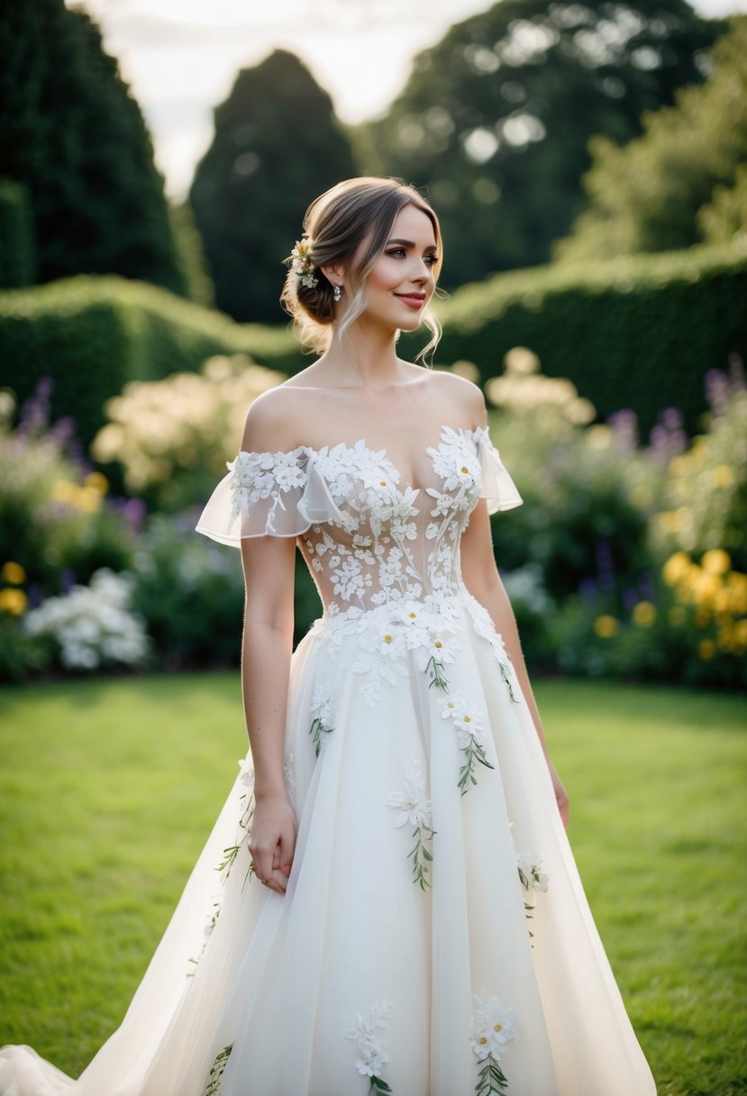 A bride stands in a garden, wearing an off-shoulder wedding dress adorned with delicate floral appliques, the soft fabric flowing around her in the gentle breeze