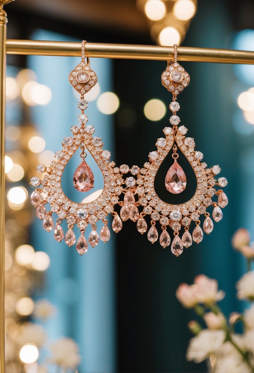 A pair of glamorous rose gold chandelier earrings suspended from a vintage display, evoking 1960s wedding elegance