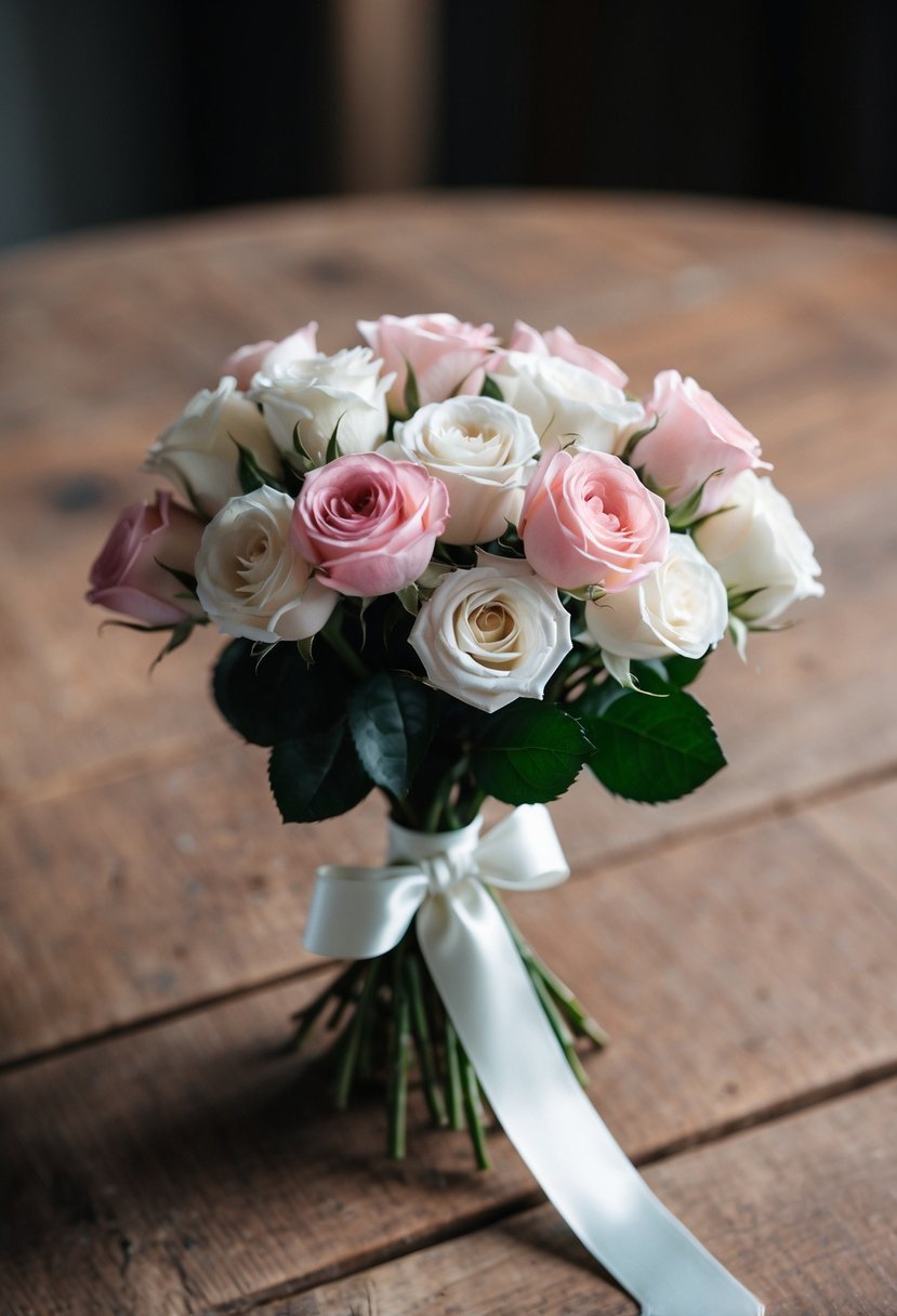 A delicate bouquet of small pink and white roses, tied with a satin ribbon, sits on a rustic wooden table