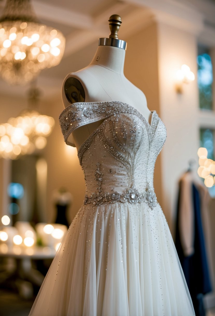 A sparkling off-shoulder wedding dress on a mannequin, adorned with intricate beading and a flowing skirt