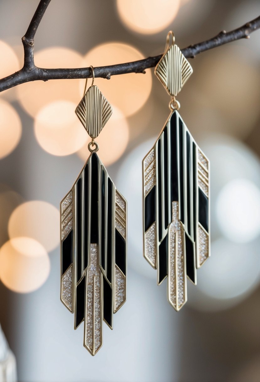 A pair of sleek, geometric earrings with bold lines and intricate patterns, evoking the glamour of 1960s art deco design