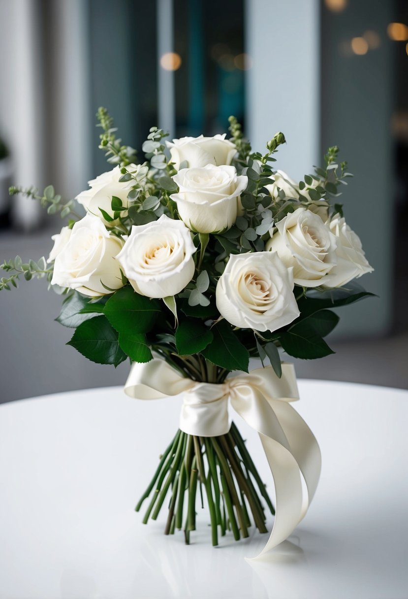 A white rose bouquet with delicate greenery, tied with a satin ribbon, sits on a clean, white table