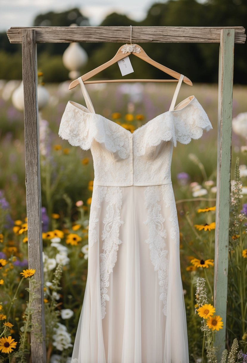 A rustic off-shoulder wedding dress with delicate lace overlays hangs on a weathered wooden hanger, surrounded by wildflowers and vintage decor