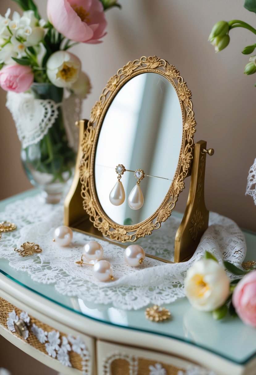 A vintage dressing table with a mirror reflects a pair of classic teardrop pearl earrings, surrounded by delicate lace and floral accents