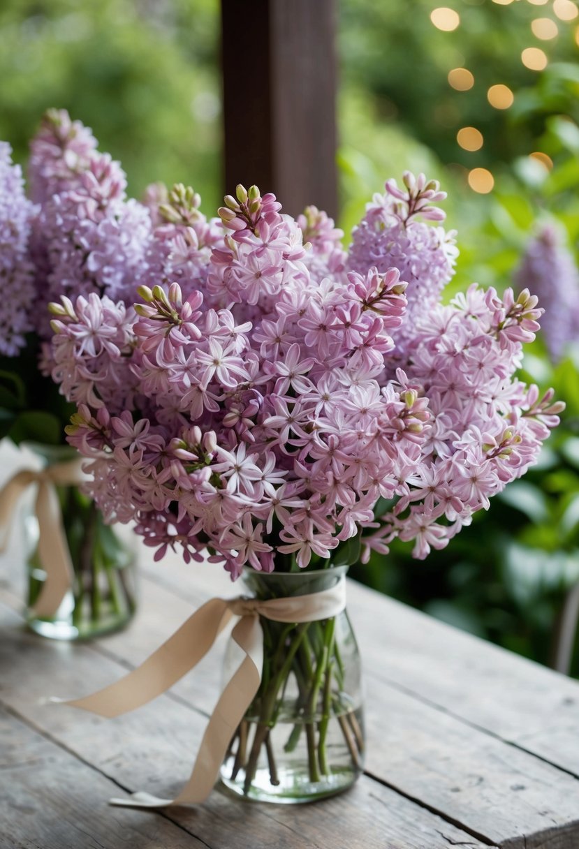 A delicate bouquet of lilacs in full bloom, tied with a simple ribbon, sits on a rustic wooden table