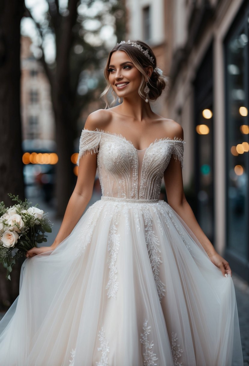 A fairytale off-shoulder wedding dress with a flowing tulle skirt, adorned with delicate lace and shimmering beadwork