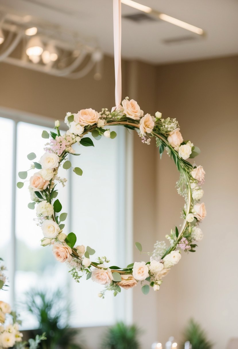 A delicate floral hoop suspended in mid-air, adorned with chic and simple wedding blooms in soft pastel hues