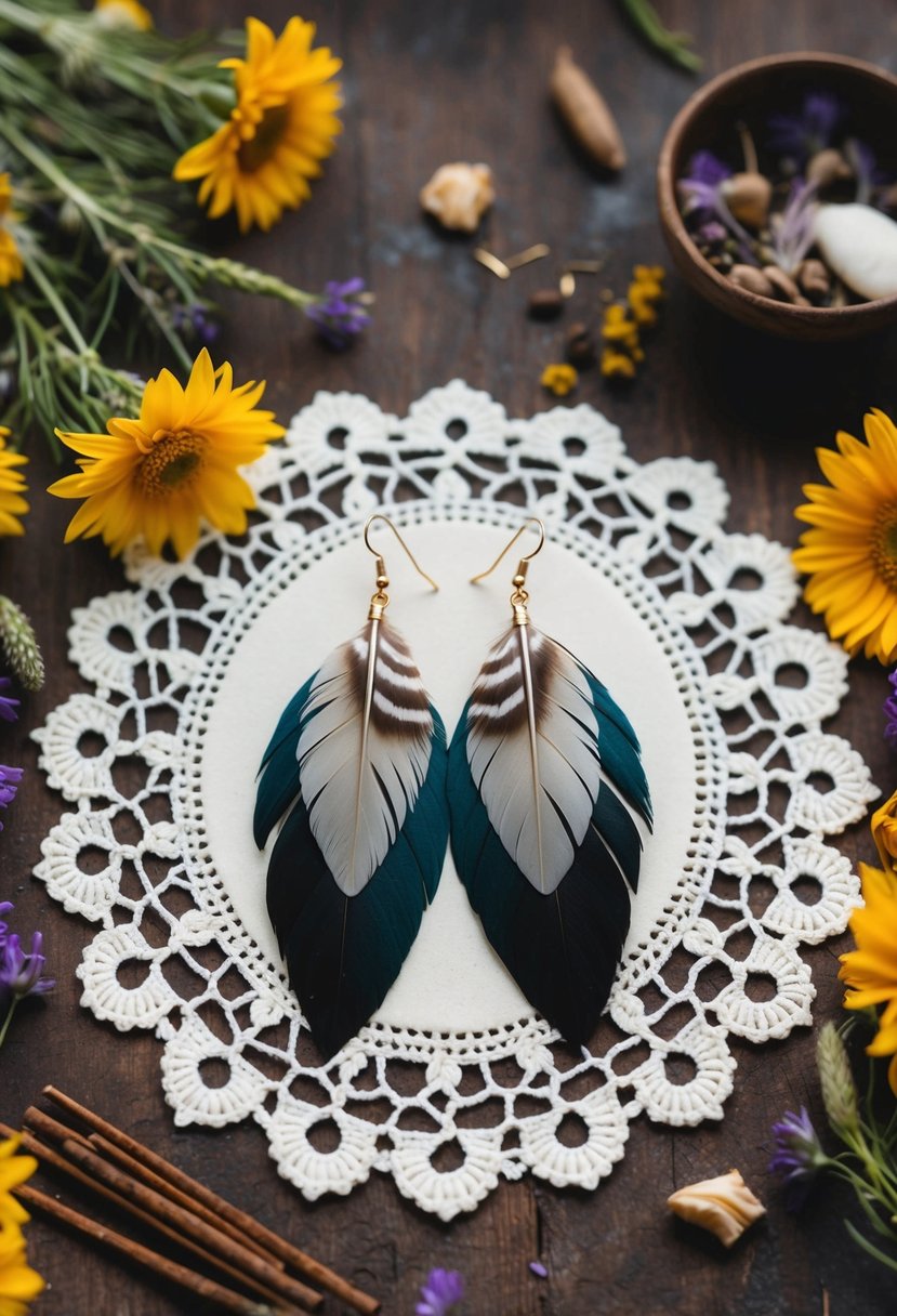 A bohemian-inspired pair of feather and shell earrings displayed on a vintage lace doily, surrounded by wildflowers and incense