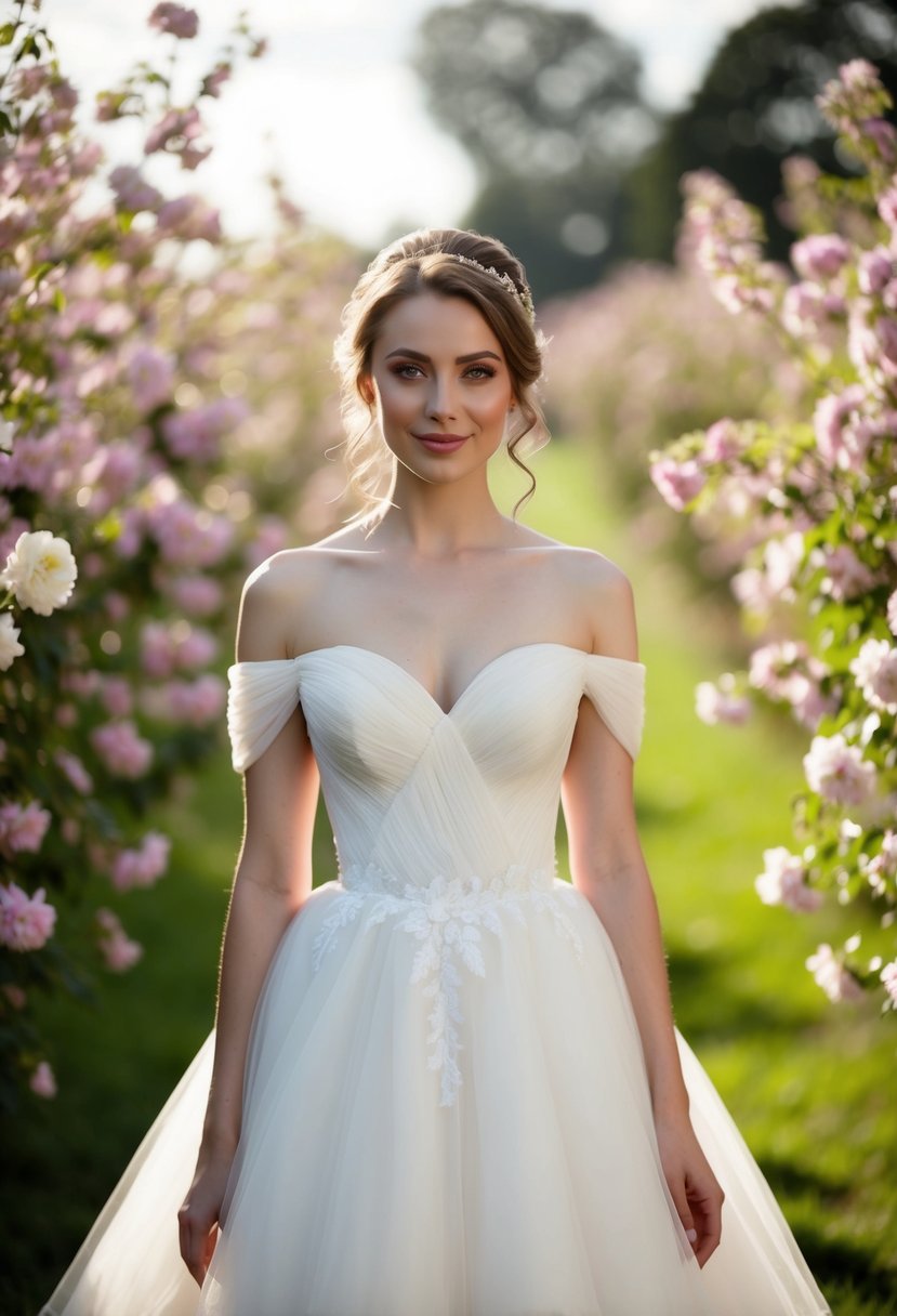 A bride standing in a romantic off-shoulder wedding dress with a sweetheart neckline, surrounded by blooming flowers and a soft, dreamy atmosphere