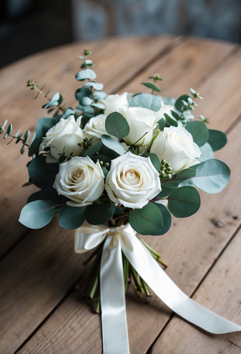 A delicate bouquet of white roses and eucalyptus leaves, tied with a satin ribbon, sits on a rustic wooden table