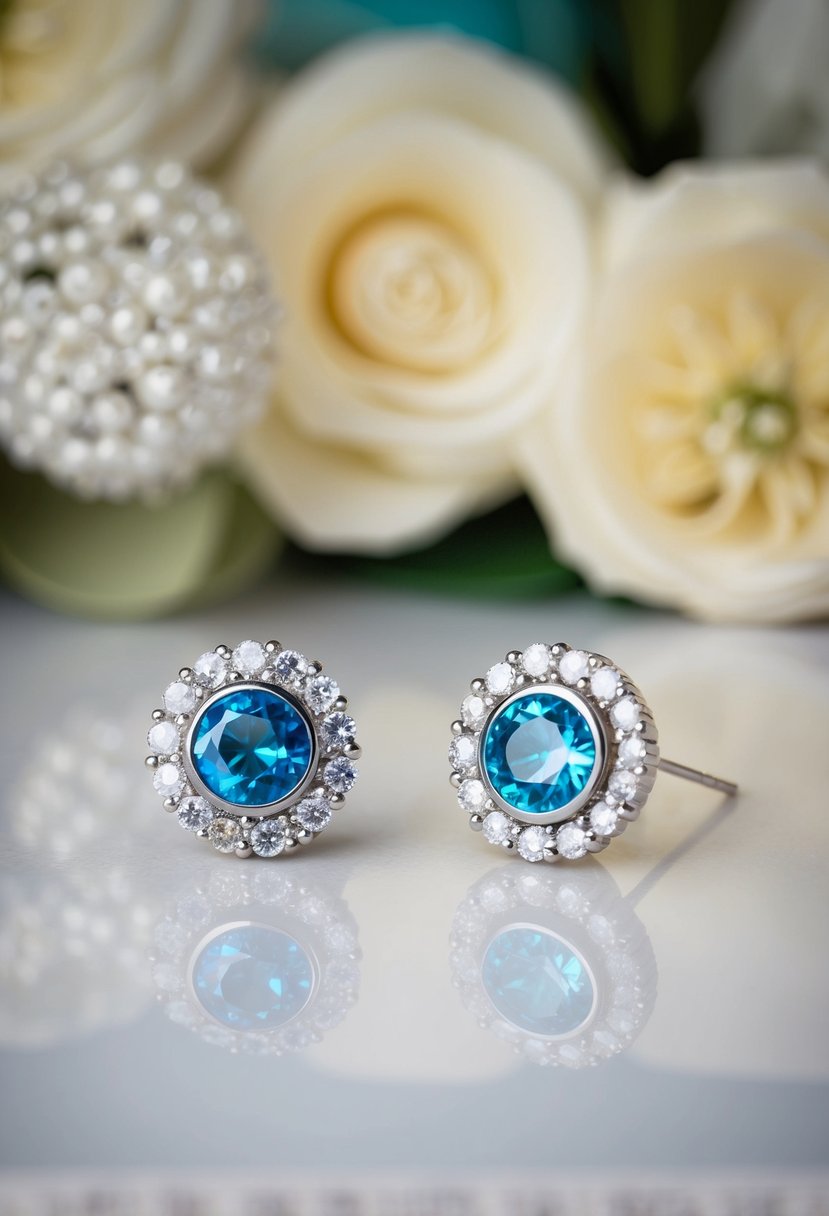 A pair of elegant earrings featuring personalized birthstones, set against a backdrop of 1960s wedding decor