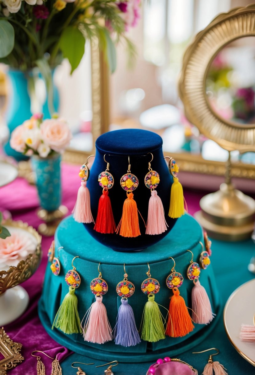 A vintage-inspired table with colorful tassel earrings arranged on a velvet display, surrounded by retro wedding decor